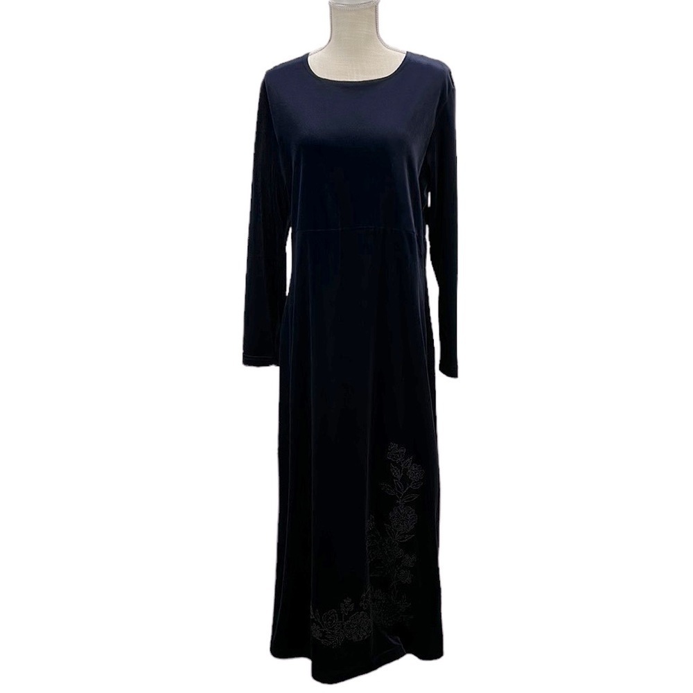 Vintage TR Bentley Navy Velvet Maxi Dress Large Floral Beaded Detail Side Slit